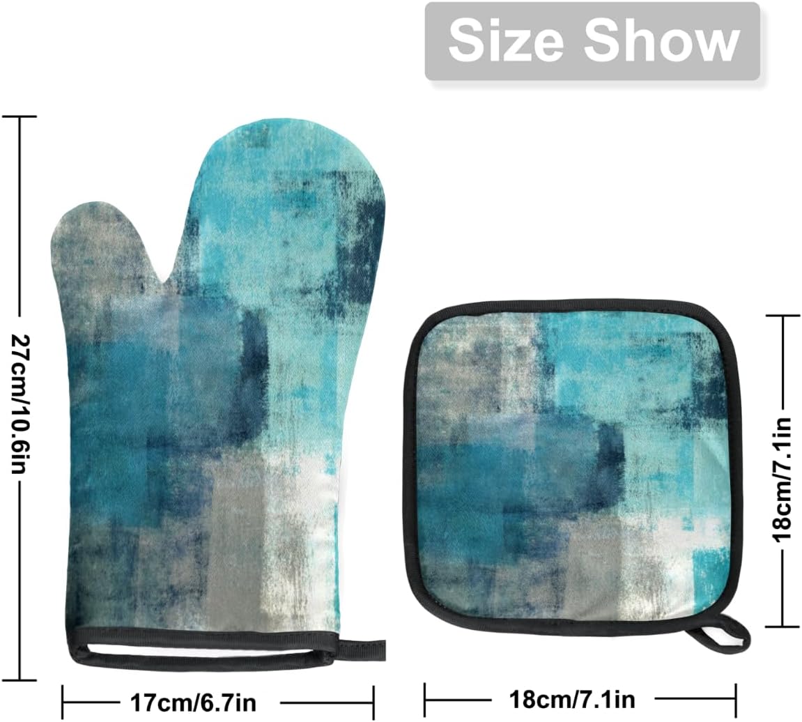 Kitchen Oven Mitts Heat Resistant Cooking Gloves with Hanging Loops Blue Turquoise Modern Art Oven Mitts and Pot Holders Pad Set for Cooking Baking Grilling