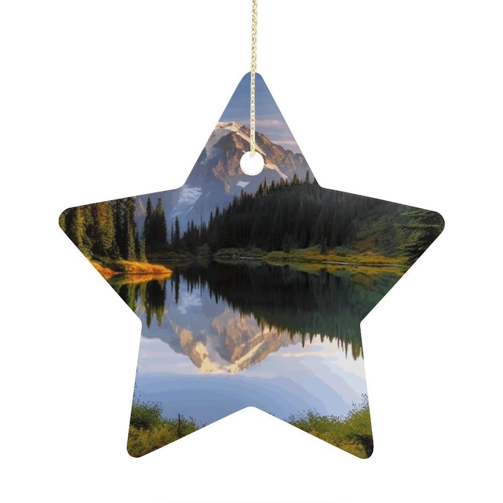 Mountain and Lake Pictures Stars Ornaments Ceramic Christmas Tree Hanging Light in Weight Christmas Star Pendants Funny Double-Sided Printed Xmas Ornaments for Gifts