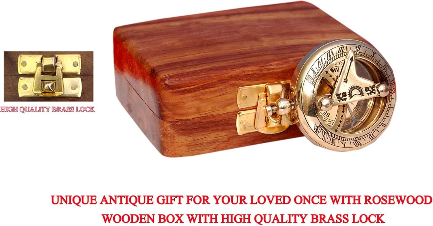 Brass Nautical Compass with Wooden Case - Antique Brass & Copper Sun Clock for Camping, Hiking, Touring - Engraved Gift for Him - Nautical Clock - Compass Gift