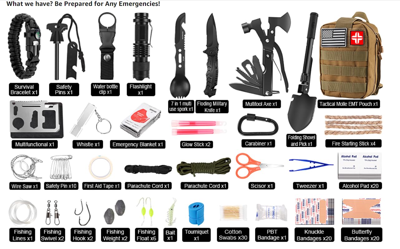 Geschenk für Vatertag, Männer, Vater, Ehemann, 142-teiliges Überlebens-Set und Erste-Hilfe-Set, professionelle Notfall-Kits, Überlebensausrüstung und Ausrüstung mit Molle-Tasche, Camping