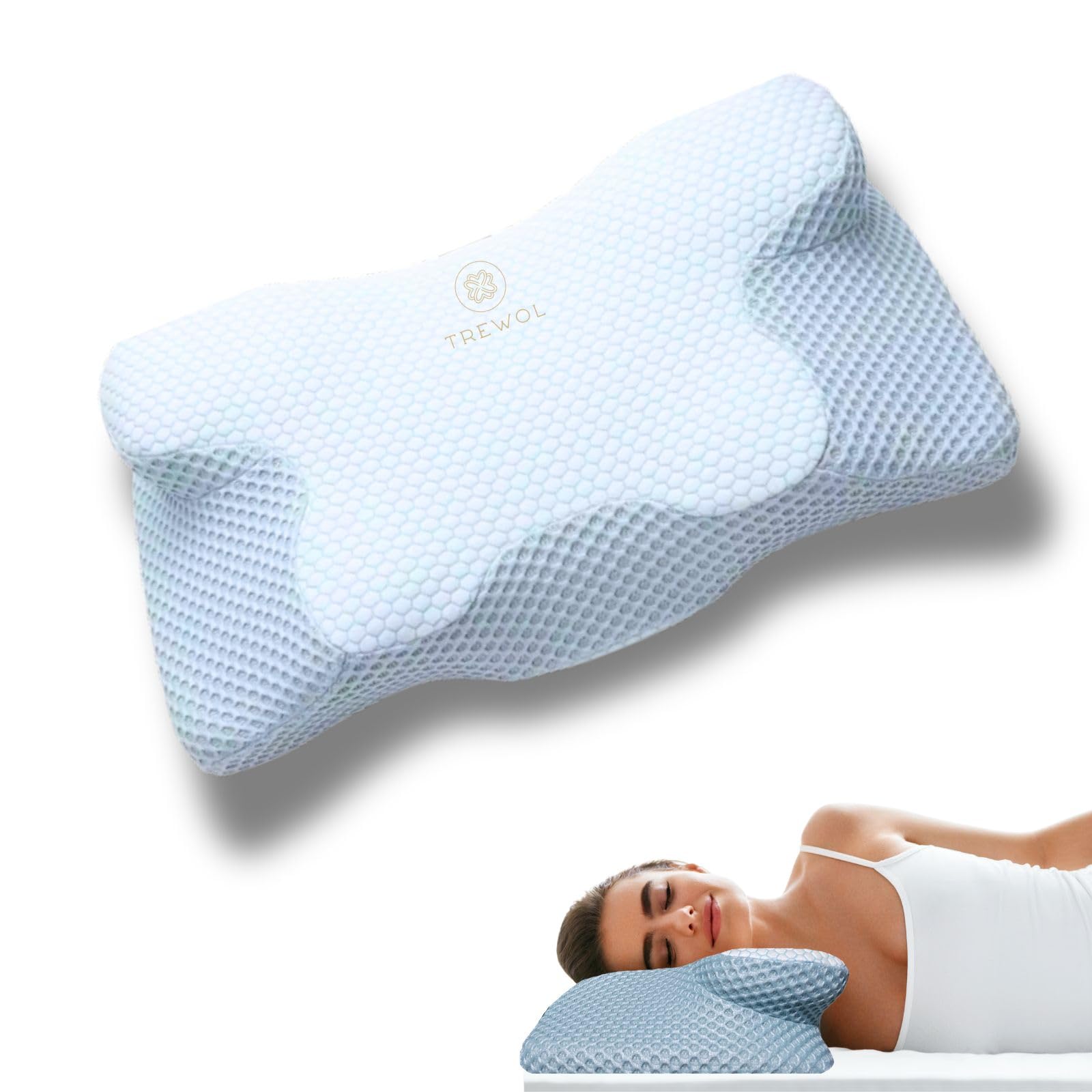TREWOL Almohada viscoelastica. Almohada cervicales y Cuello. Ergonómica - Espuma con Memoria de Doble Altura, Funda Lavable y Transpirable, para Dormir de Lado o Boca Arriba - 60x34x13/8 cm (Azul)