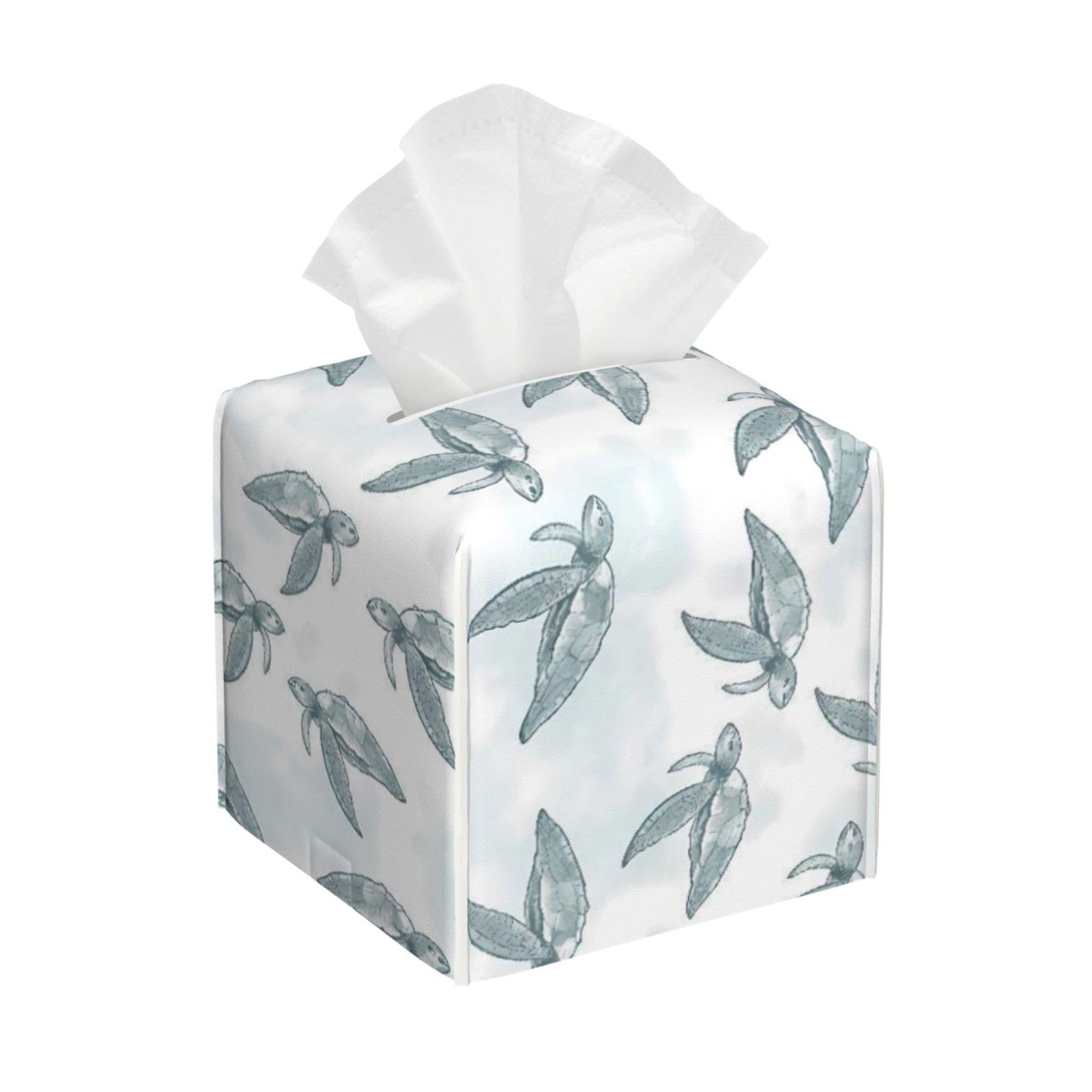 Sea Turtle Grass Natural Watercolor Leather Tissue Box Cover Holder Square Facial Paper Organizer 5.2" X 5.2" X 5.2"
