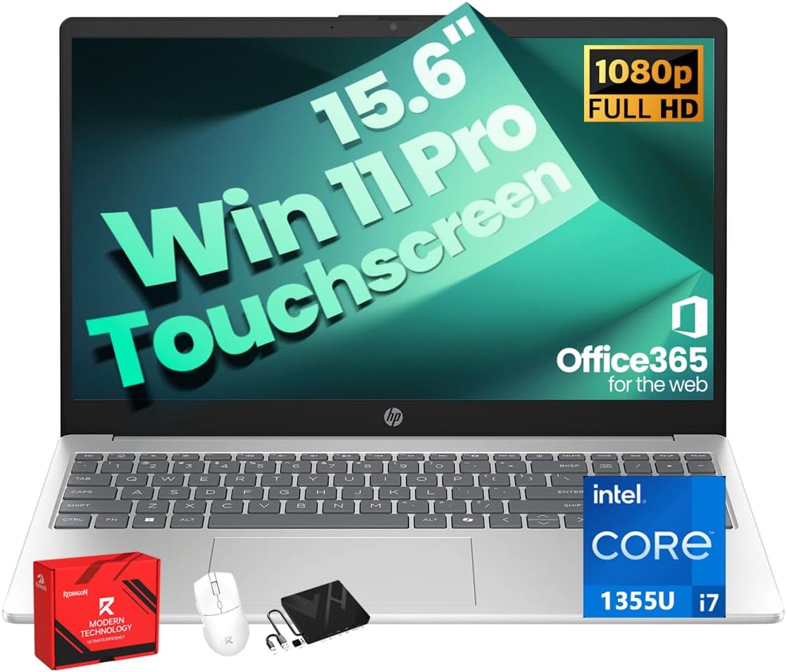 HP 15.6" FHD Touchscreen Laptop(2026) - Intel Core i7-1355U (10-Core, Up to 5.0GHz), 16GB RAM, 512GB SSD, Iris Xe Graphics, WiFi6, Webcam, Win 11 Pro, Business & Students, Office 365 for The Web