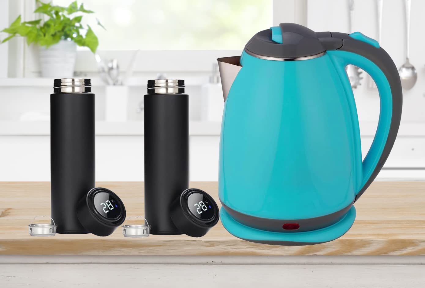 1.8 litre Electric Kettle and 2 Smart LED Temperature Bottle 500ML Combo used for boiling Water, Making Tea and Coffee, Instant Noodles, Soup, 1500 Watt with Auto Shut- off Feature