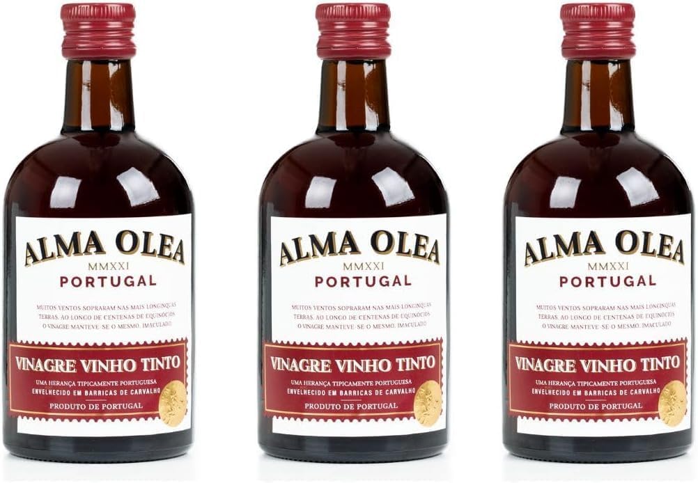 Vinagre de Vino Tinto - Pack de 3 Frascos de 500 ml - Condimento Sabroso y Versátil - Adecuado para Aliñar Ensaladas - Envejecido en Barricas de Roble - Producto Gourmet de Origen Portugués