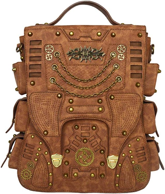 Steampunk Backpack Women Men Leather Vintage Retro Rock Fashion Gothic Bags, Brown