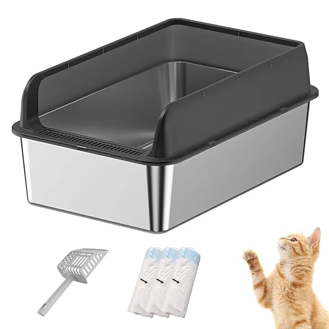 GAORUTO Arenero para Gatos con Laterales Altos de Acero Inoxidable con Tapa