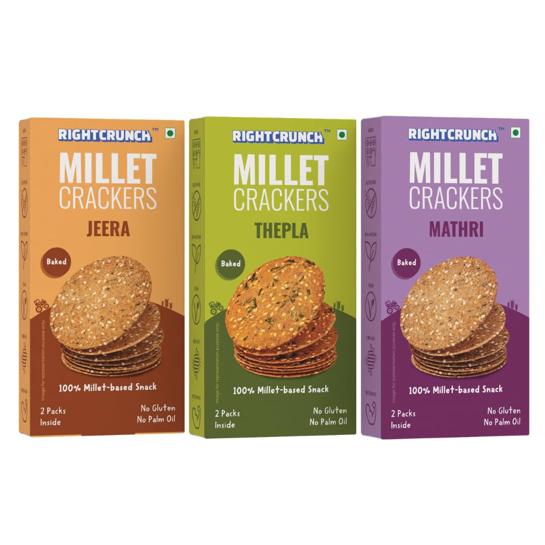 Rightcrunch Millet Crackers - Baked Snack, No Maida, No Palm Oil, Gluten-Free, No Artificial Flavours or Preservatives Pack of 3 – 300g (Pack of 3, Jeera, Thepla, Mathri)