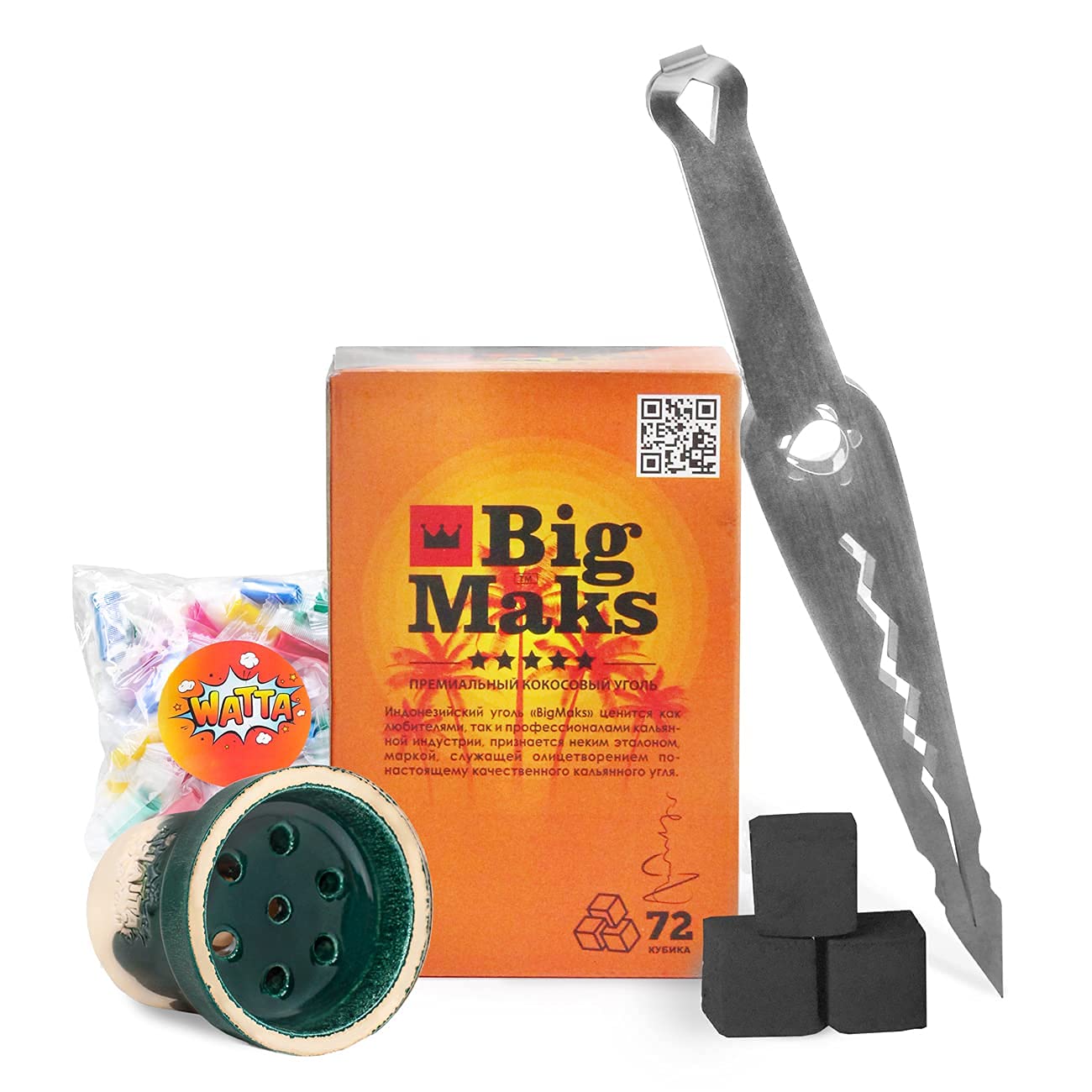 Conjunto de accesorios de cachimba: Cazoleta Watta Hulk, Carbone BigMaks 25 mm 72 piezas, Pinzas, Higiene boquillas multicolor WAT49804