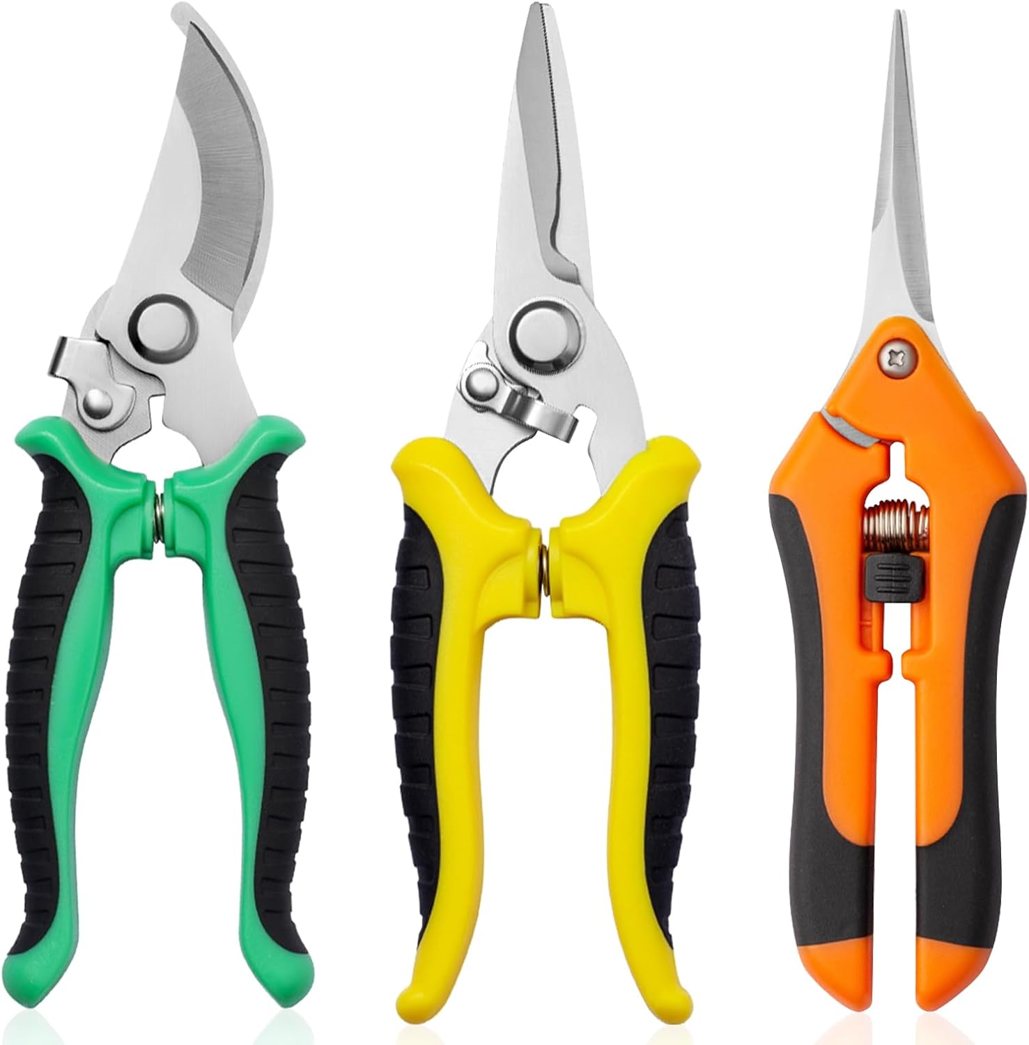 Garden Pruning Shears 3 Pack Gardening Shears Garden Scissors Stainless Steel Plant Flower Scissors (Green+Yellow+Orange)