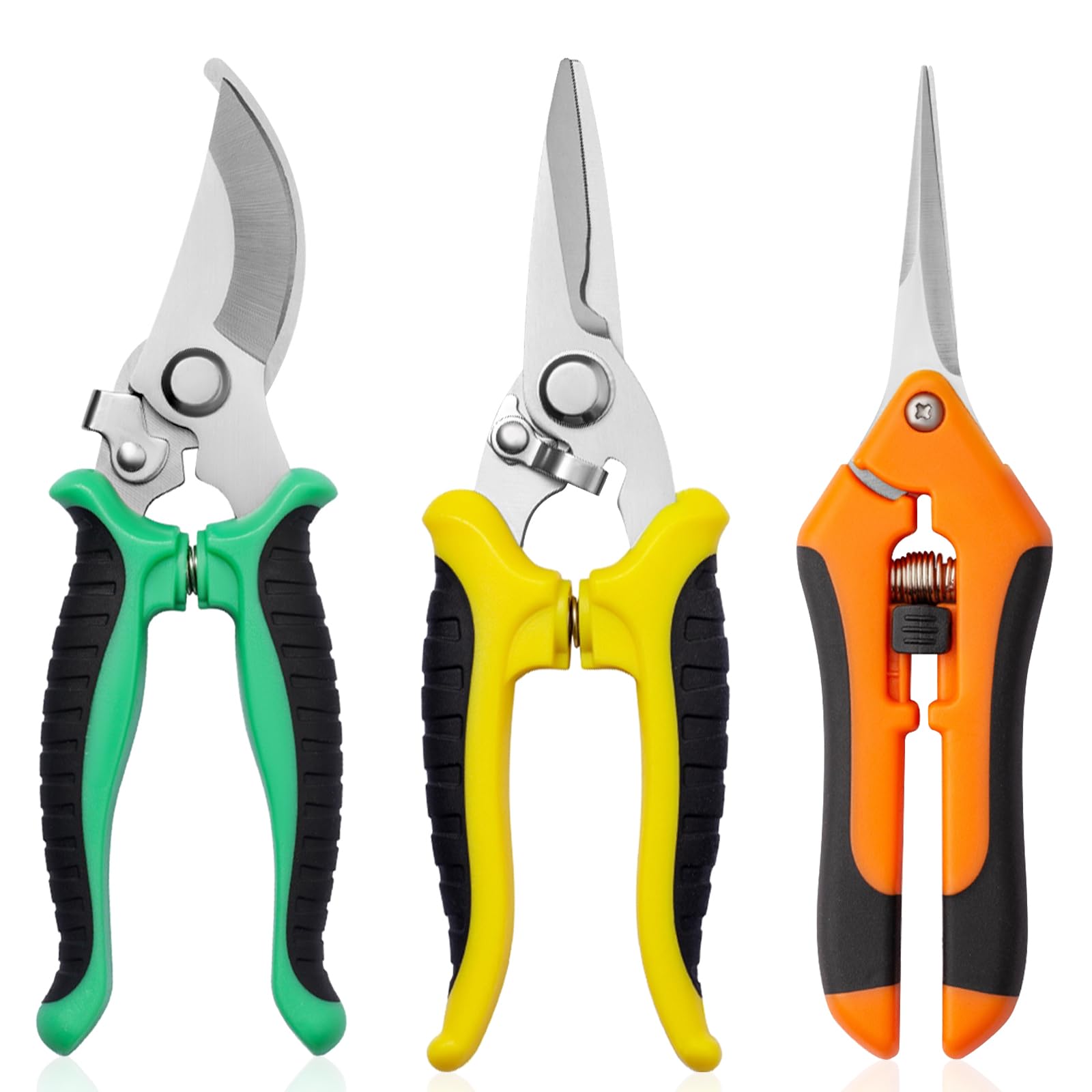 Garden Pruning Shears 3 Pack Gardening Shears Garden Scissors Stainless Steel Plant Flower Scissors (Green+Yellow+Orange)