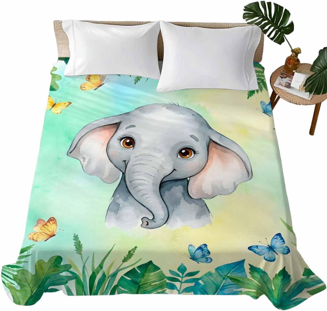 Full Flat Sheet, Cartoon Elephant Full Bed Sheets Only, Soft Microfiber Flat Sheet, Summer Butterfly Fern Tropical Palm Plants Hotel Quality Bedding Top Sheet Bedroom Home Dorm Decor