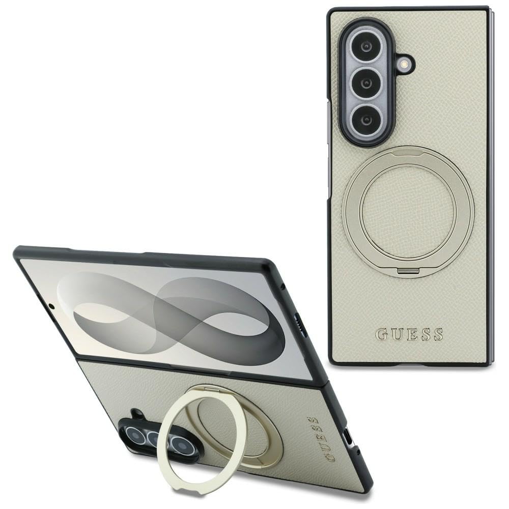 CG MOBILE Guess - Supporto magnetico ad anello con logo classico granulato, compatibile con custodia MagSafe per Samsung Galaxy Z Flip8 (beige)