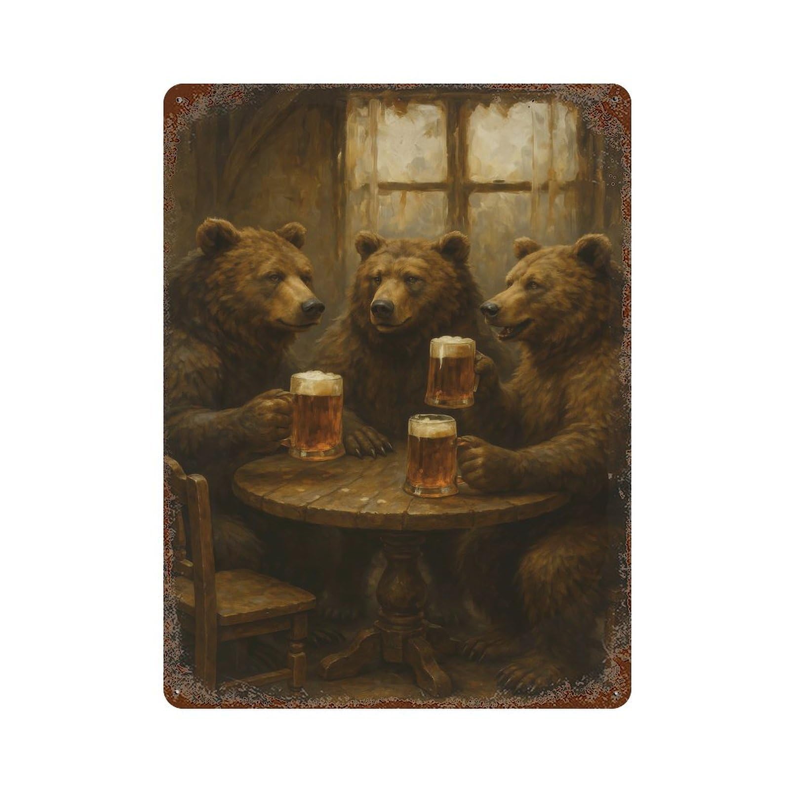 Bears Drinking Beer at A Table Rusty Metal Tin Sign 15.7"x11.8", Shabby Chic Decor for Garage, Bar And Workshop Decor