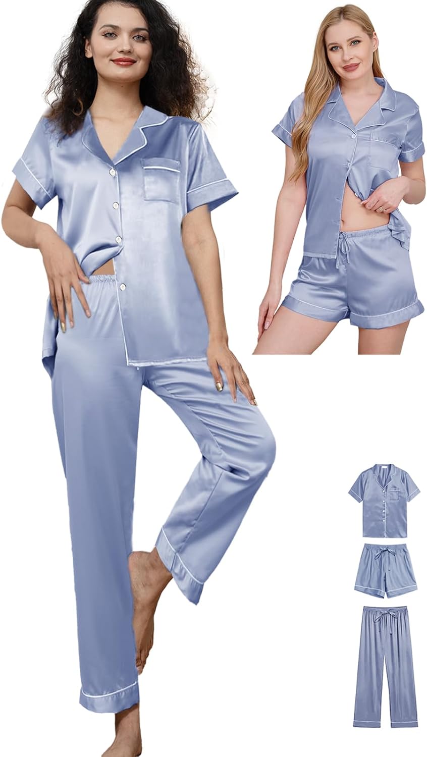 Womens Pajama Sets 3Pcs Silk Satin Pajamas Set XS-2XL Sleepwear Silky Pj Sets Nightwear Pjs Loungewear