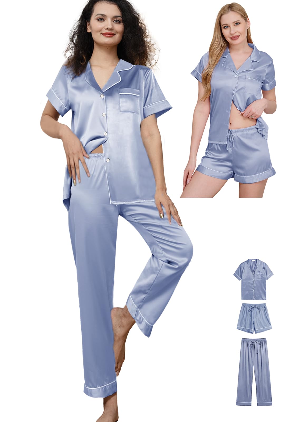 WJing Yi Jia Womens Pajama Sets 3Pcs Silk Satin Pajamas Set XS-2XL Sleepwear Silky Pj Sets Nightwear Pjs Loungewear