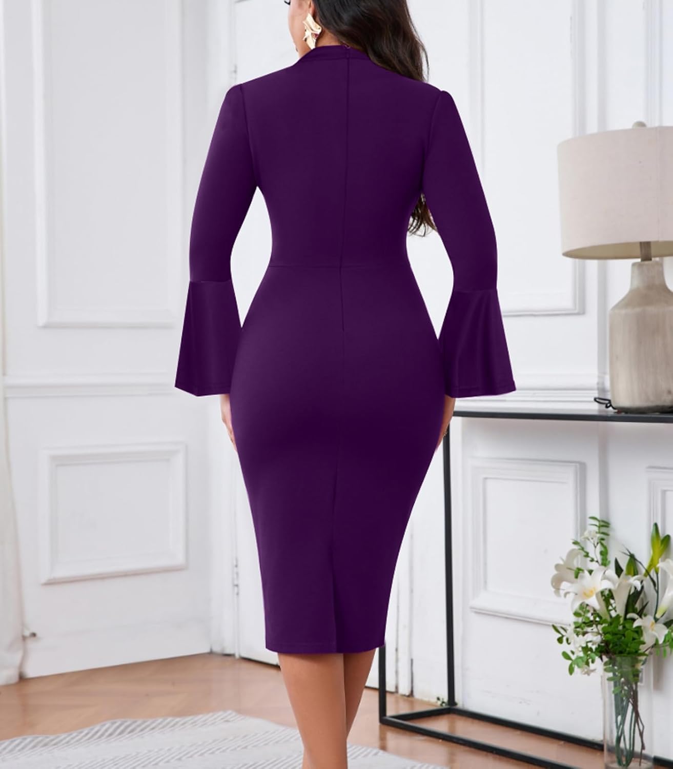 Church Dresses for Women Flare Sleeve V Neck Business Wear to Work Vintage Mid Pencil Formal Dress with Pocket - Image 3