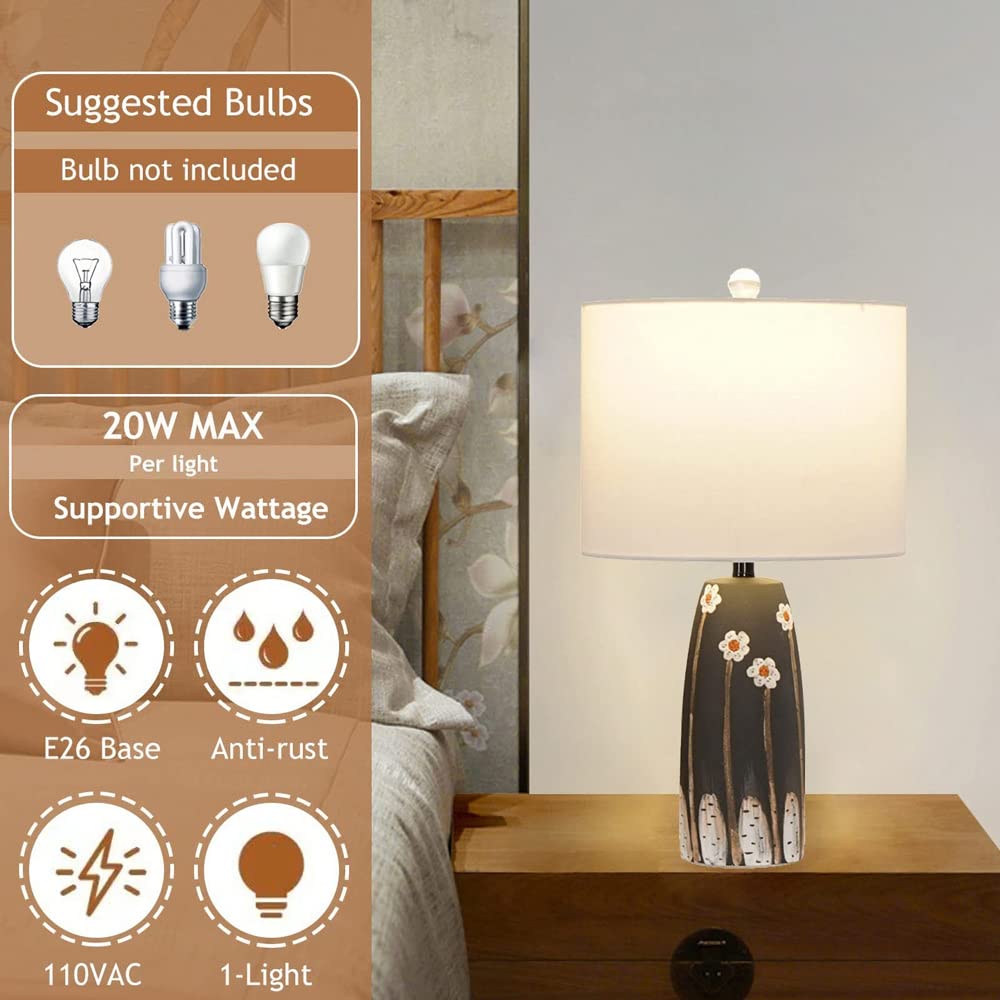 Prosta dekoracyjna domowa ceramiczna lampa stołowa z malowaną śliwką, szara lampa nocna z kloszem w kształcie bębna z tkaniny 20,4-calowa lampa stołowa na biurko