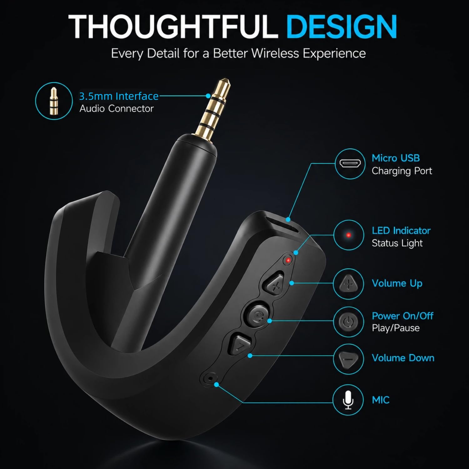 aptX - Adaptador inalámbrico Bluetooth 5.0 para Bose QuietComfort QC 15 con micrófono/Control de Volumen, Color Negro