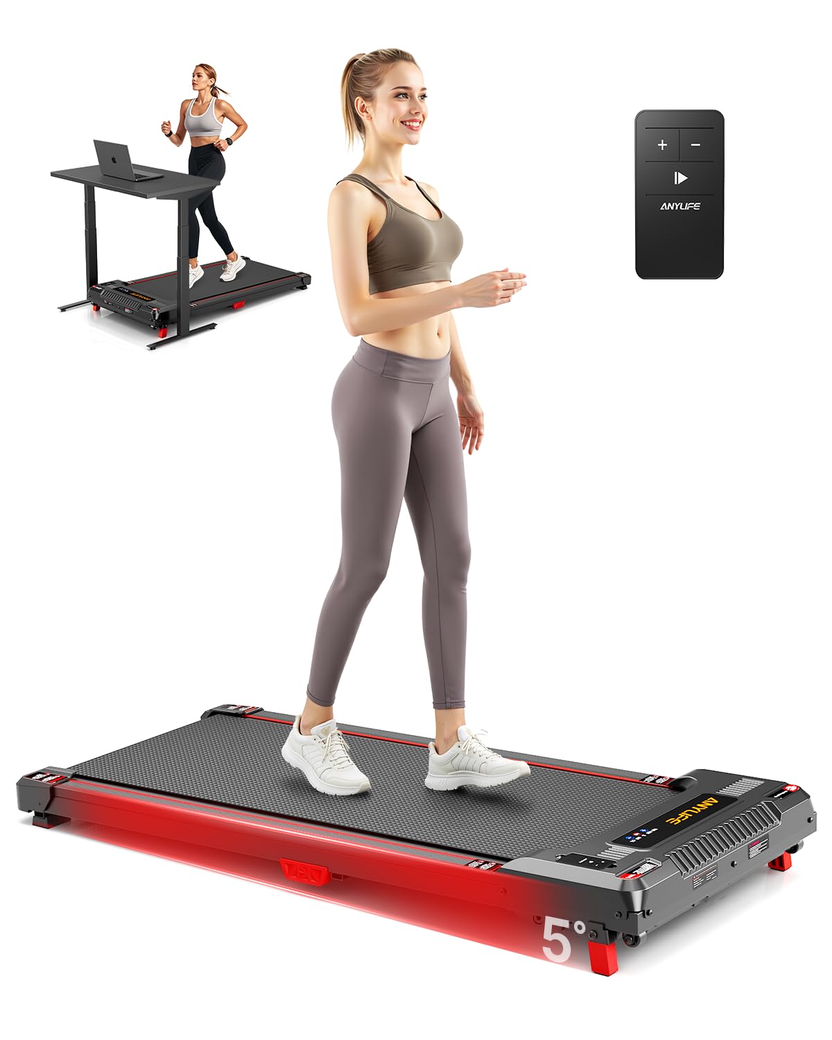 Walking Pad Treadmill, Anylife Incline Walking Pads Under Desk 330lb Capacity, 2.5HP Portable Treadmills for Home, Compact Treadmill Small Running Pad with LED Display, Remote Control