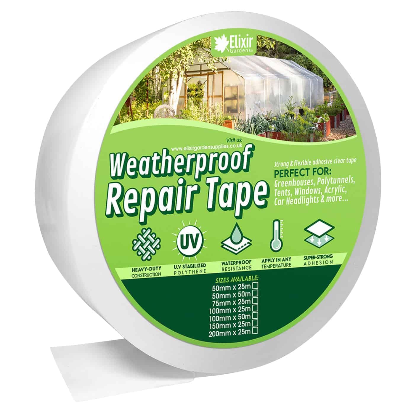 Elixir Gardens Weather Proof Tape Clear Transparent High Stick Water Resistant | Polytunnel Repair tape | Various widths available from 50mm to 200mm | Various qty from 1 to 10 | 200mm x 25m x 5