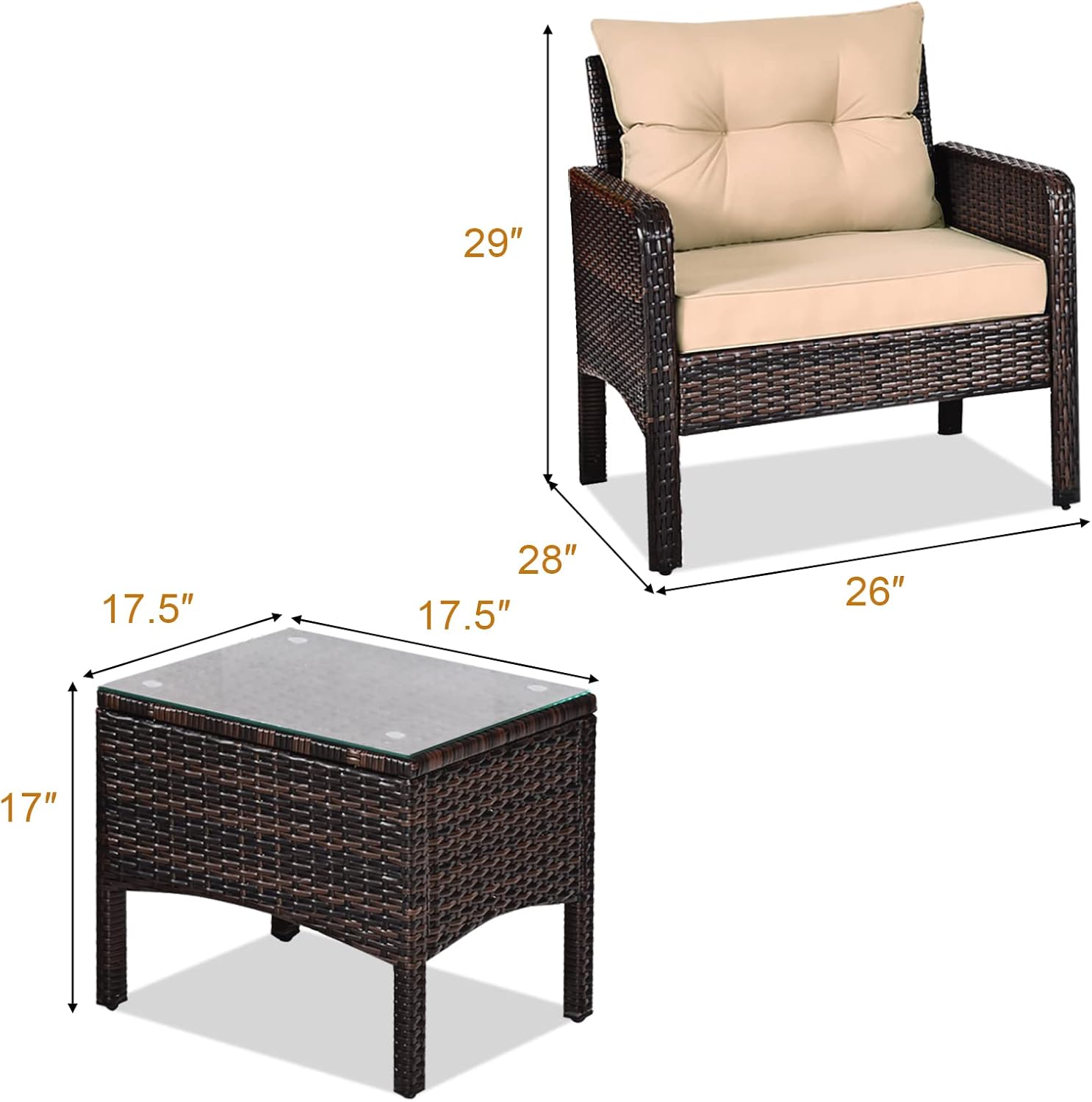 KOTEK 3 Piece Patio Furniture Set, Outdoor Wicker Conversation Bistro Set with 4 Cushions, All Weather PE Rattan Furniture Set for Garden, Backyard, Porch, Poolside (Beige)