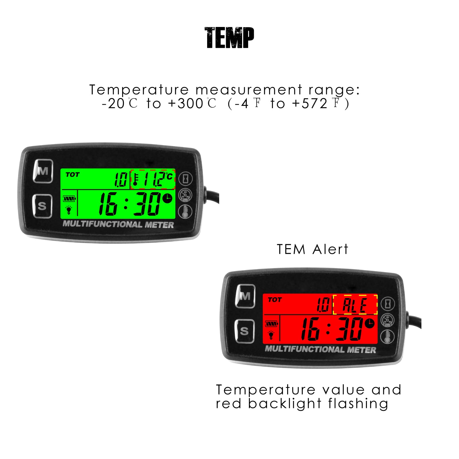 Medidor de temperatura del motor, medidor de horas digital, diseño impermeable, baterías reemplazables, diseñado para cortacésped, automóviles y cuatrimotos (TS002)