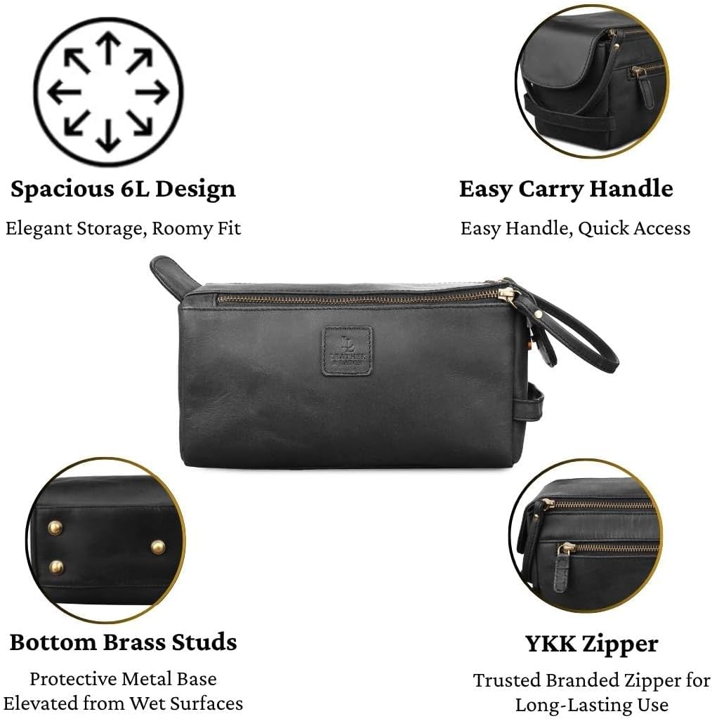 Full Grain Leather Toiletry Kit for Men & Women – Travel Toiletries & Shaving Bag Organizer, Water-Resistant Grooming Case for Bathroom, Makeup & Cosmetic Storage - Midnight Black