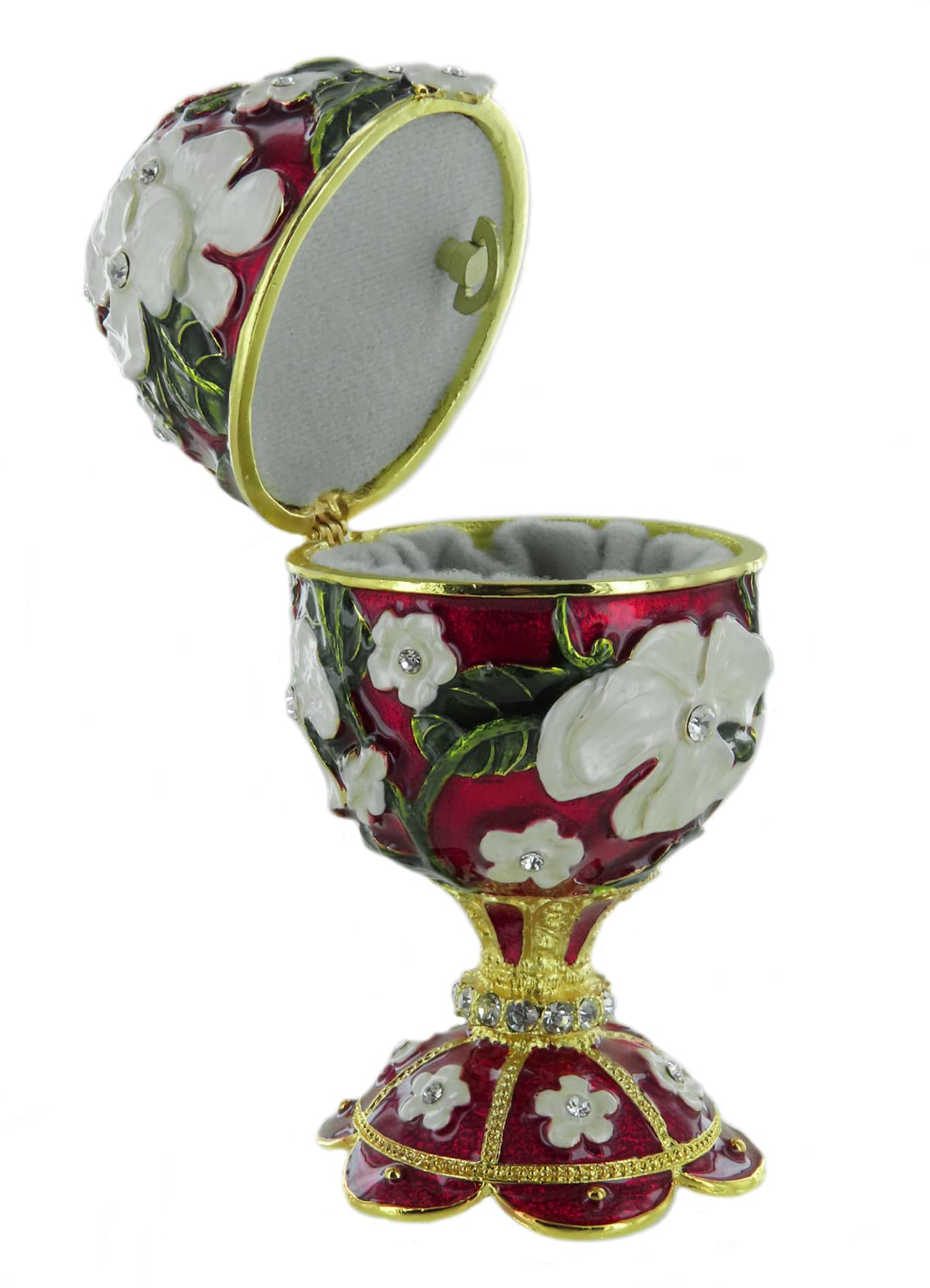 Muzyczne jajko na Wielkanoc / jajko z pozytywką w stylu Faberge z emaliowanego metalu ze strasem, złoceniami, małymi białymi kwiatami i dziełem muzycznym z 18 nutami - Wiosna (Antonio Vivaldi)