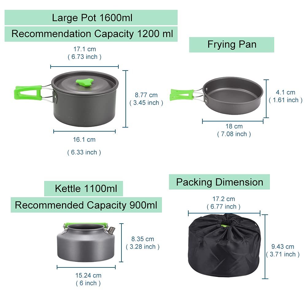 XhuangTech 10PCS Camping Cookware Mess Kit,Camping Pot and Pan Set with Kettle,Lightweight Portable Camping Cooking Set for Hiking,Backpacking,Outdoor and Picnic