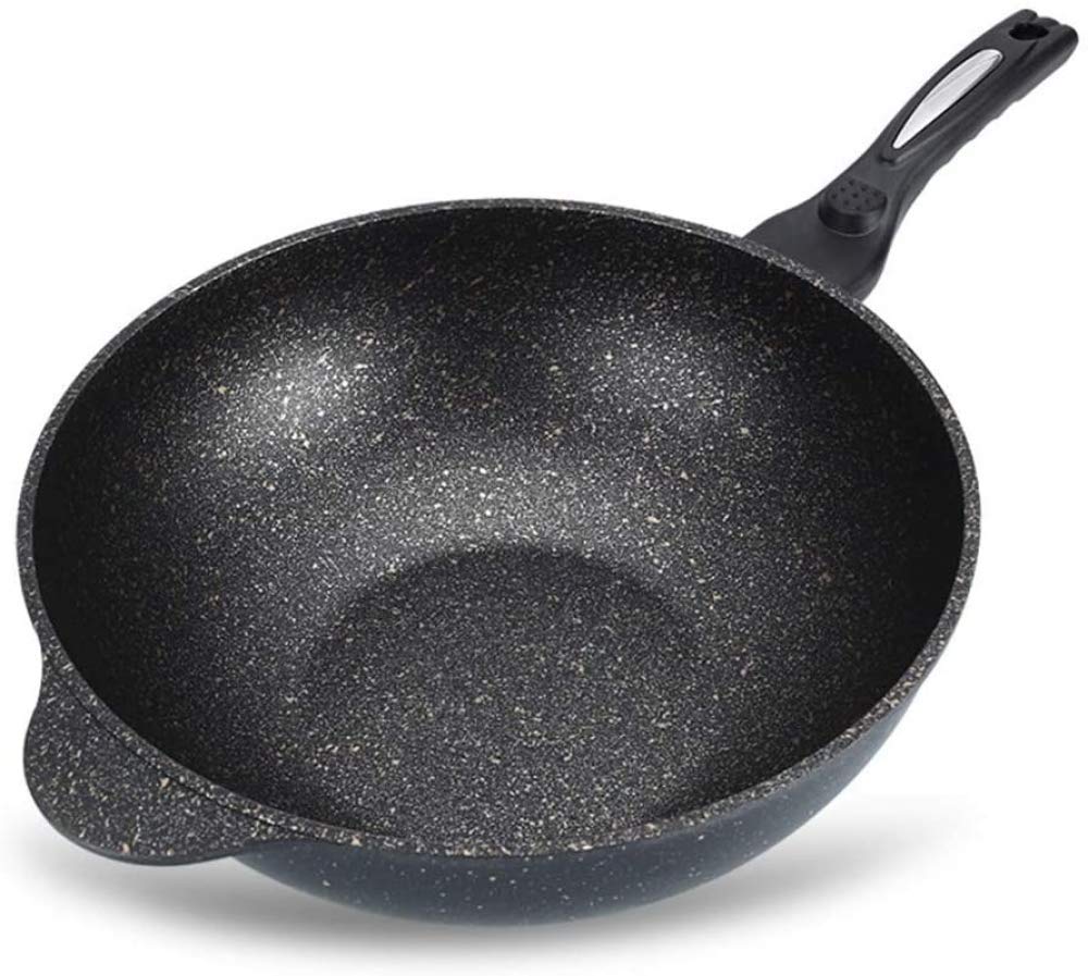 zaizai Wok Korean Stone, Wok sans Fumée Antiadhésif Riche en Sélénium, Wok avec Couvercle Et Spatule en Bois, Ensemble Santé Pan Wok, Cuisinière À Induction Cuisinière À Gaz Universelle