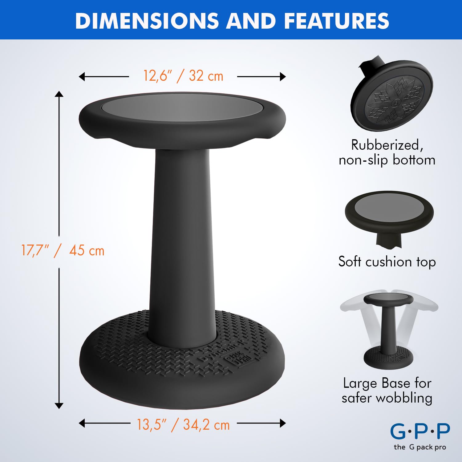 Gpack-pro Kids Wobble Stool 2-Pack – Improves Focus Attention – Non-Slip Base - Wiggle Chair Active Flexible Seating for Preschool Kindergarten Elementary School 17.7-Inch High (Black)