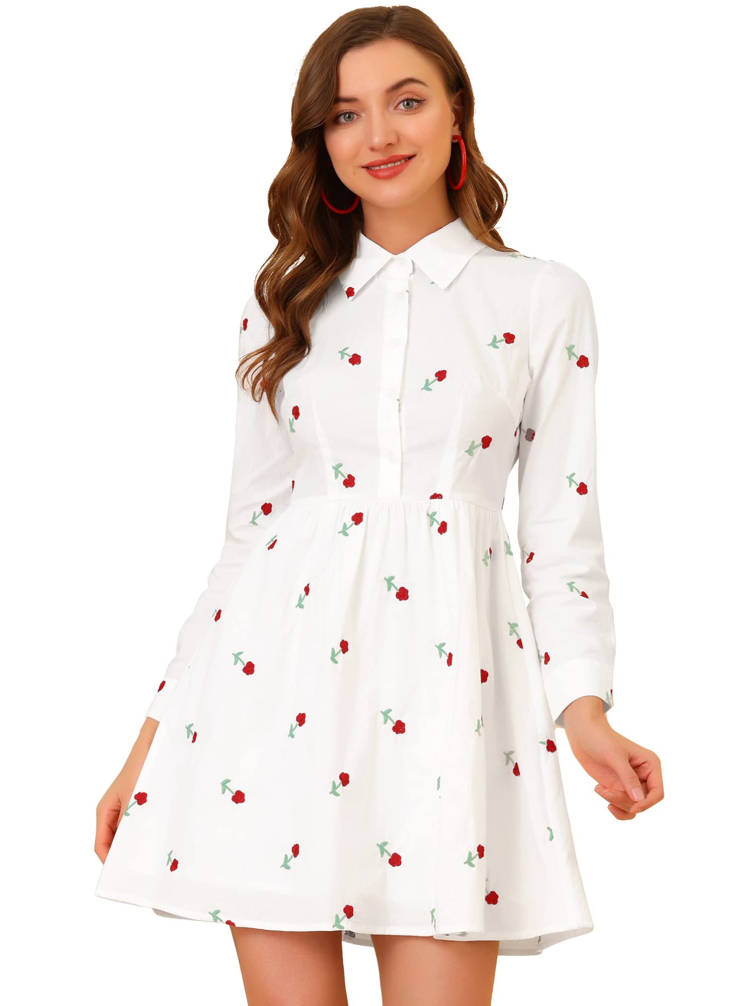 Allegra K Vestido Camisero de Manga Larga con Botones y Cuello Vuelto Floral Bordado para Mujer