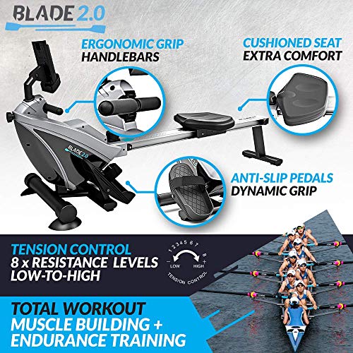 Bluefin Fitness Rower Machine Blade Home Gym Foldable | Magnetic Resistance Rower | 8 x Tension Levels | Smooth Belt Drive | LCD Digital Fitness Console | Smartphone App | Black & Grey Silver