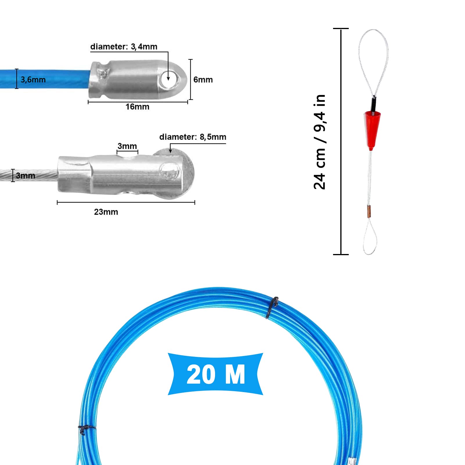 φ 3,6 mm Kabeleinziehhilfe, włókno wciągane z poliestru 20 m z 2 sprężynami prowadzącymi, pomoc w wciąganiu kabli w idealnym taśmie do wprowadzania komunikacji, Nadaje się do światłowodów, domowego