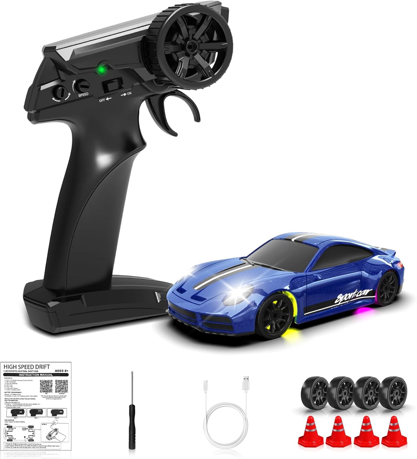 1/43 RC Drift Car, Mini Drifting RC Car with Gyro 2.4GHz Full Proportional Drift Cars 4WD RTR Remote Control Cars with Colorful Lights High Speed Fast Racing Vehicle Gift for Kids Boys Adults