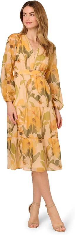 Adrianna Papell Floral Organza Midi Dress