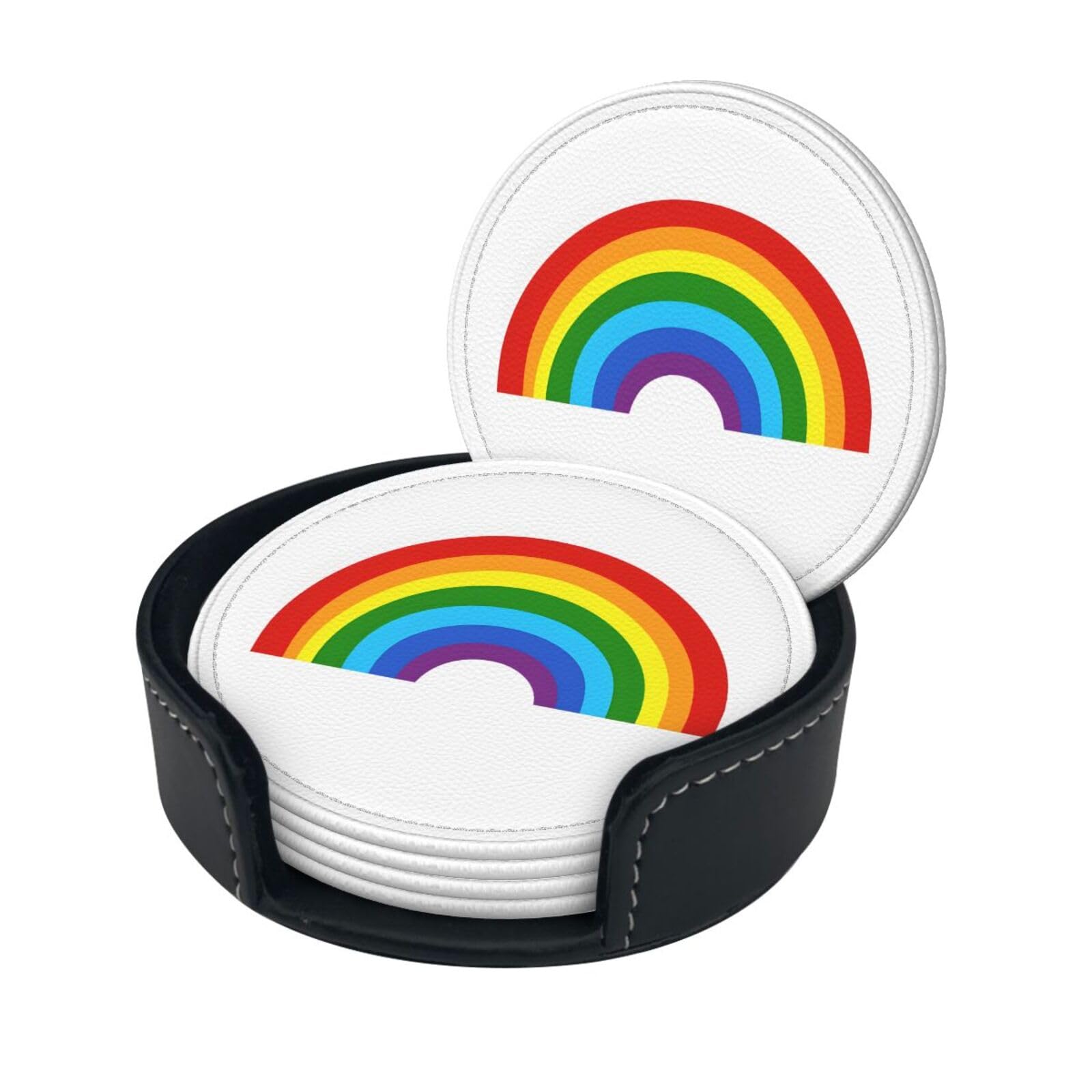 Rainbow Print Print Coaster,Round Leather Coasters with Storage Box for Wine Mugs,Cold Drinks and Cups Tabletop Protection (6 Piece)