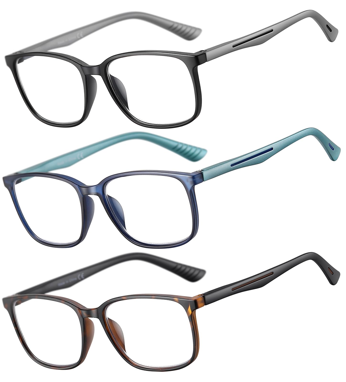 SOCTICK Reading Glasses for Men,3 Pack Blue Light Blocking Readers for men with Comfort Spring Hinge,Large Wide Square Frame Readers,Stylish Computer