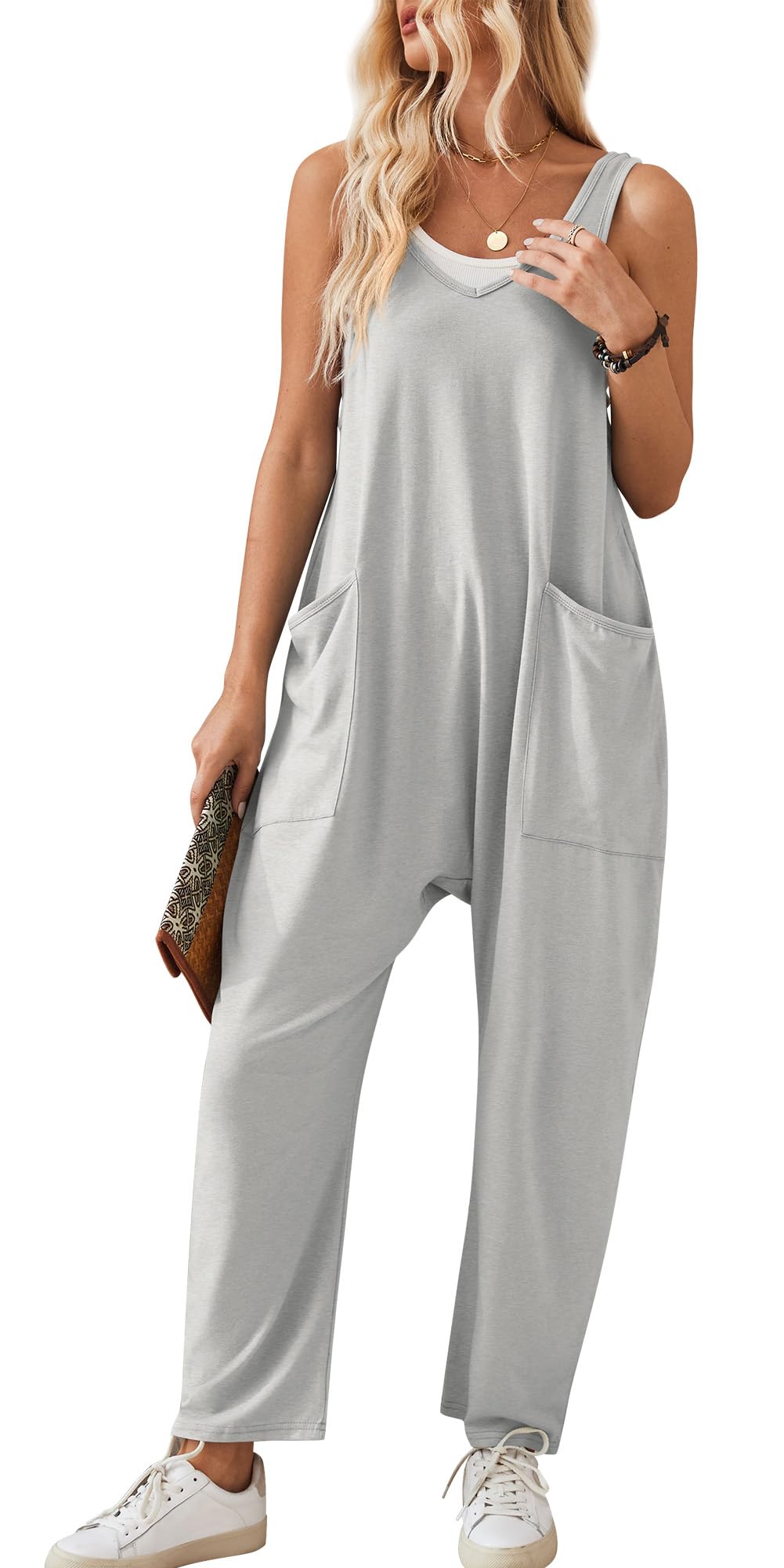 Maeau - Peto para Mujer de Punto Casual con 2 Grandes Bolsillos Mono Pantalón Ancha Peto Jumpsuit Holgado sin Mangas Mono Largo Pantalones S-XXL