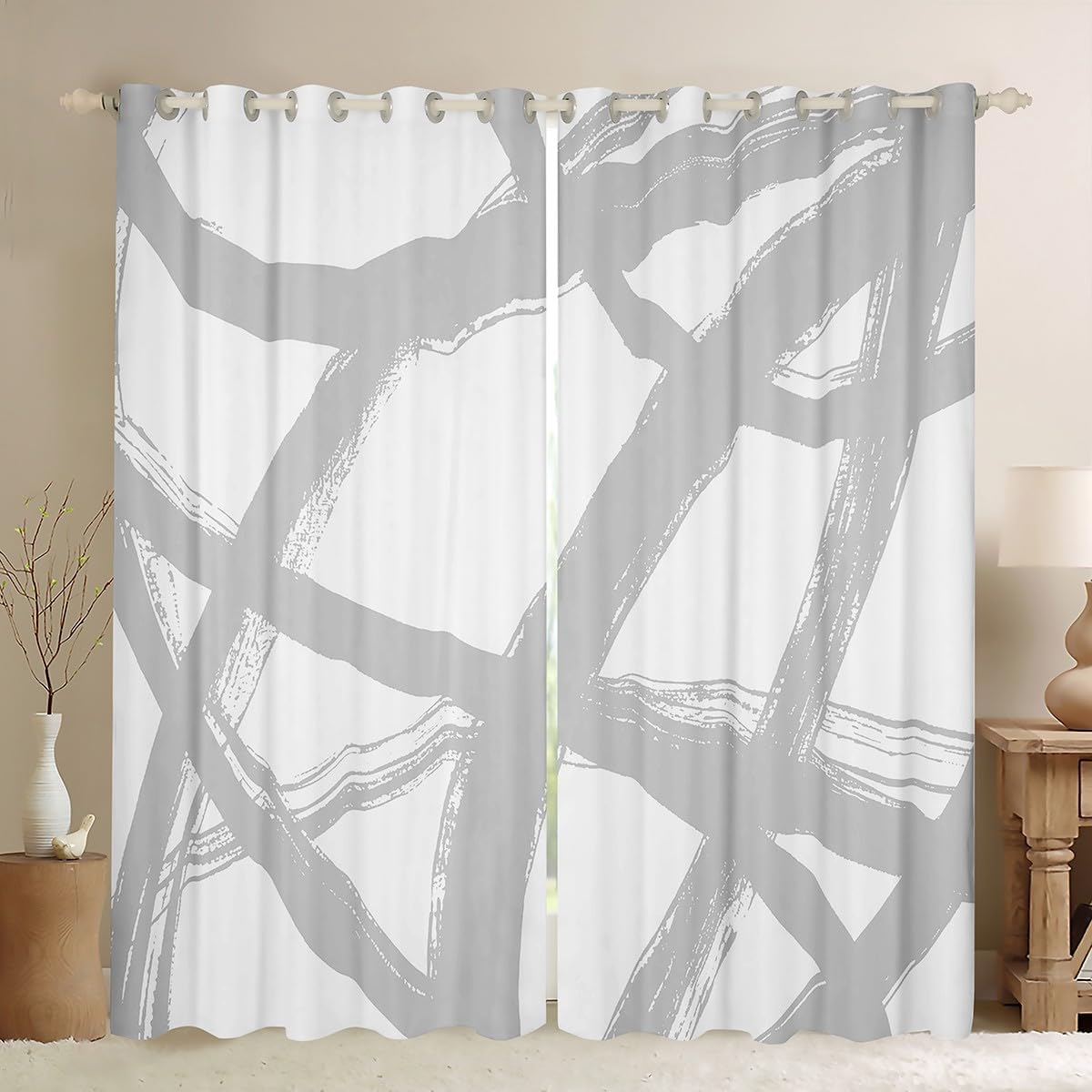 Erosebridal Gray and White Window Curtains Drapes 38" Wx45 L,Abstarct Curtains,Modern Stripes Lines Window Treatments,Neutral Aesthetics Room Decor