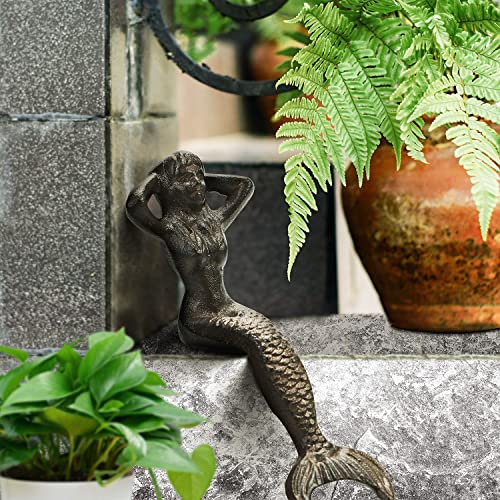 Sungmor Heavy Duty Cast Iron Mermaid Statue - 26Cm Tall Sitting Mermaid Figure Ornament - Great Home & Garden Sculpture For Decorate Swimming Pool/Pond/Planter Stands/Book Shelf/Corner Table #TOP6