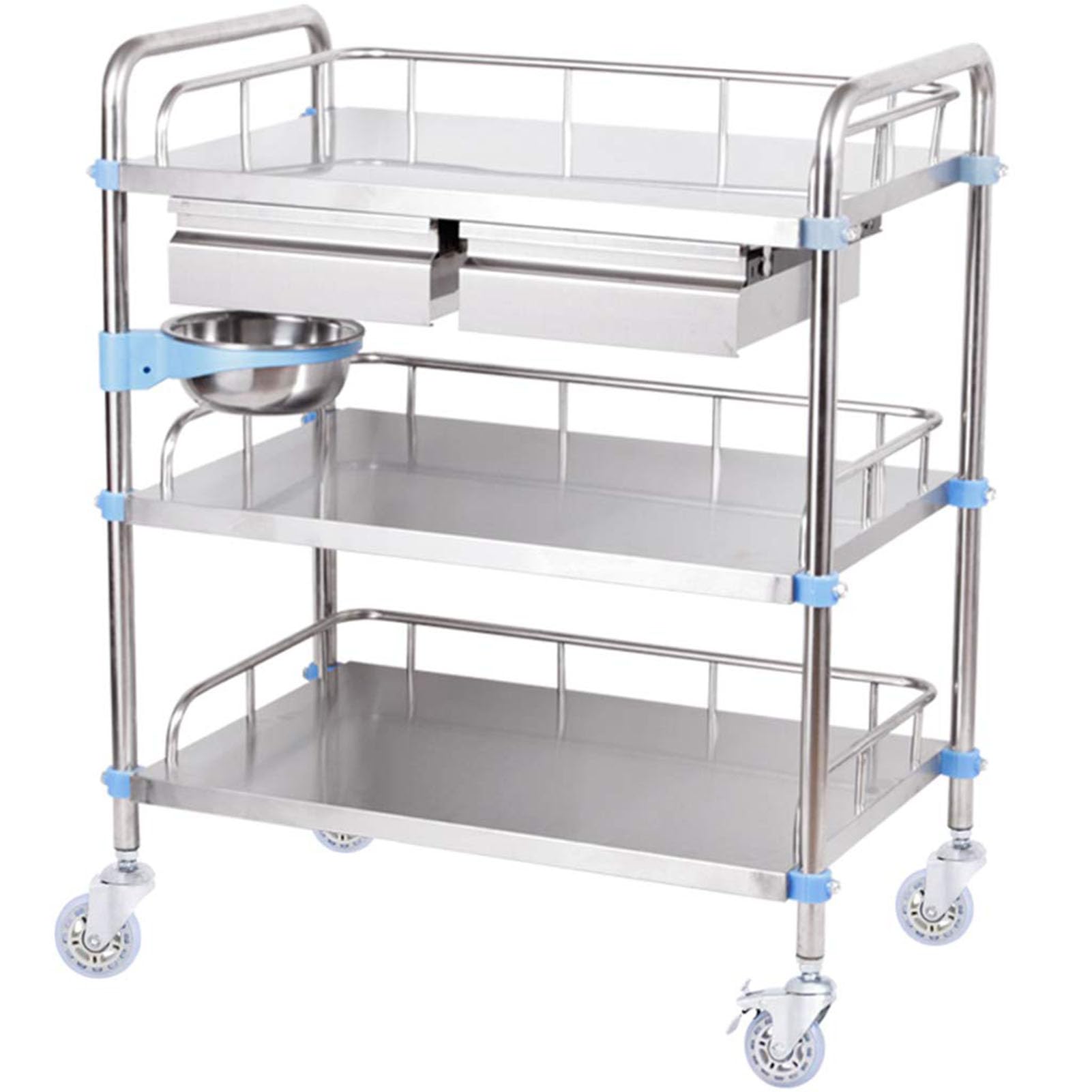 Carrello medico in acciaio inox 2/3 strati laboratorio attrezzature mediche carrello mobile veicolo di emergenza (dimensioni: 66 x 44 x 86 cm, colore: 3 strati di doppi cassetti)