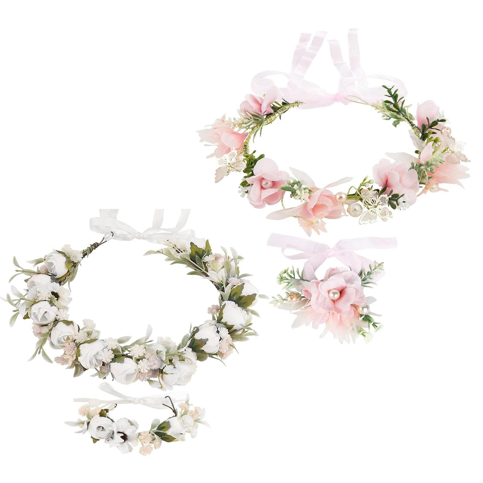 Lot de 2 Couronnes de Fleurs Bandeau, Rose Accessoires de Cheveux avec Bracelet pour Mariage, Festival, Fête, Plage (Rose et Blanc)