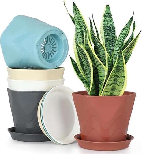 Image of StyleX Store Plastic Round Flower Pots with Drainage Hole Saucers | Durable Outdoor Indoor Wave Pattern Planters with Tray | Plant Containers for Balcony, Garden, and Home (Set of 5, Multicolour)