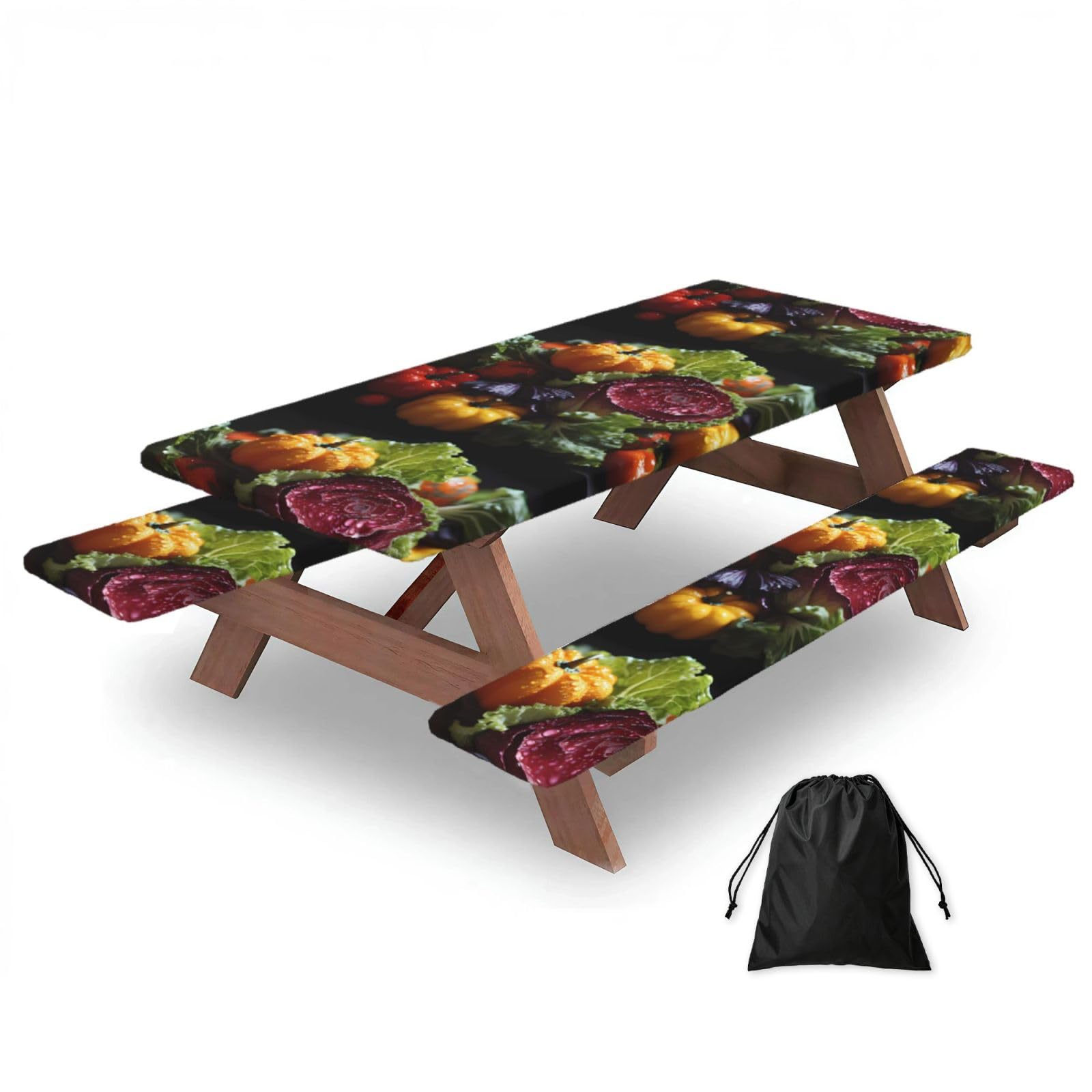 Hhbiuuo Black 72In Camping Table Cover & Bench Covers 3-Pack Set, Fresh Cabbage Print Tablecloths, For Rectangle Tables Picnic