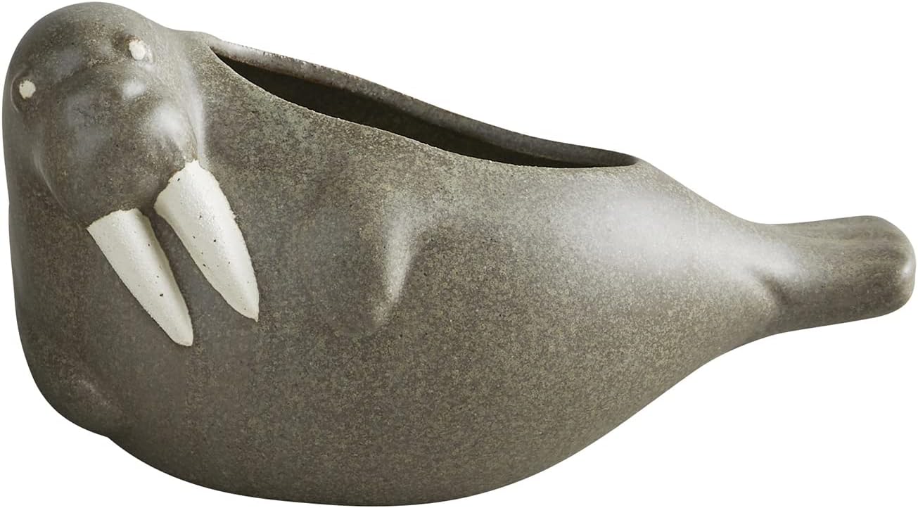 47th & Main Beach House Coastal Décor Shaped Ceramic Planter Flower Pot for Succulents Small Plants and More, 8 Wide, Laying Walrus