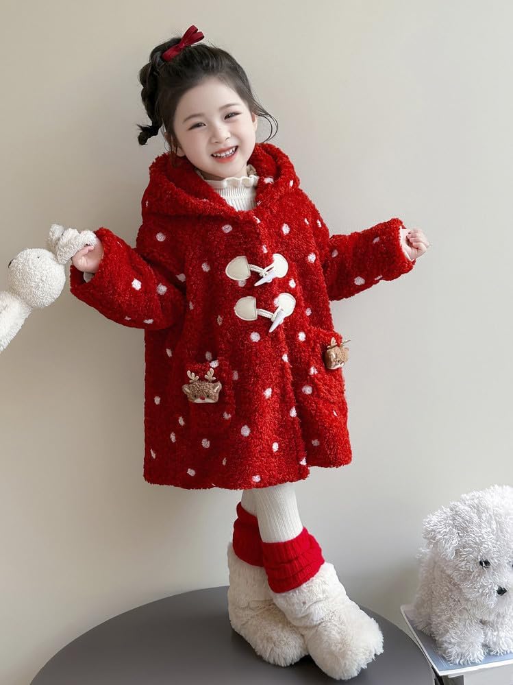 [ANGELCITY] ボアジャケット 女の子 ボア コート 赤 水玉 トナカイ フード付き 角ボタン 厚手 子供 アウター クリス