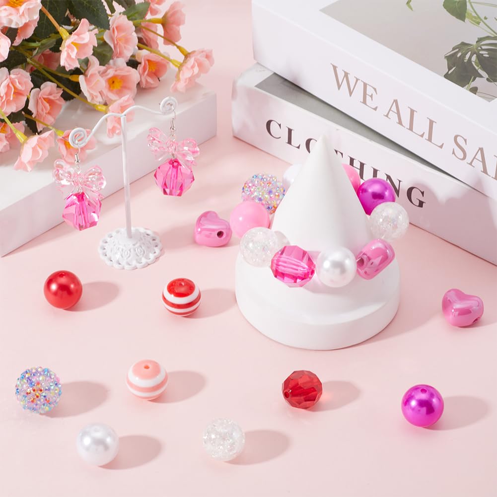 SUNNYCLUE 60Pcs Pink 20mm Candy Beads Pen Beads Bulk Bubblegum Round Pink Acrylic Plastic Rhinestone Large Focal Heart Beads for Valentine's Day DIY Crafting Beadable Pens Key Chains Bracelet Necklace - Image 4