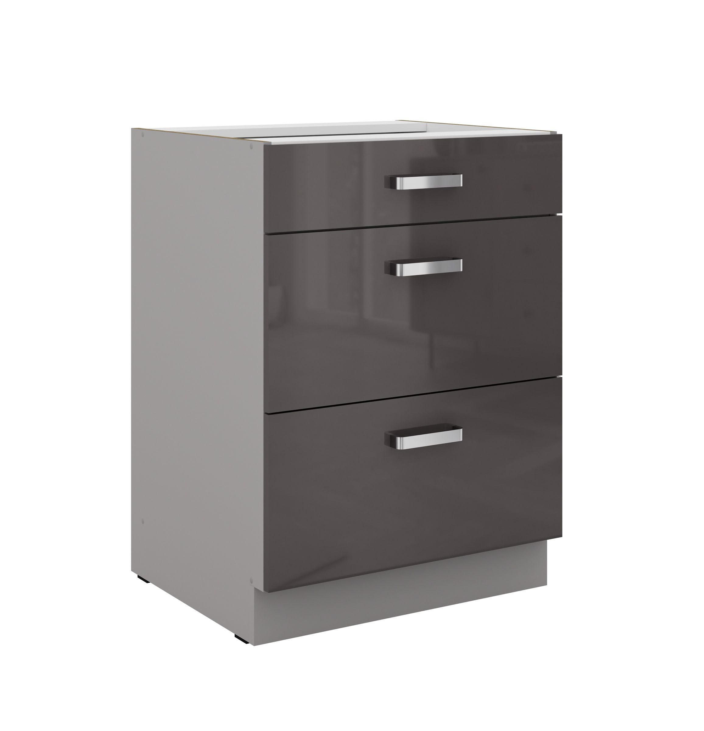 Küchen Unterschrank 60 cm Grau Hochglanz Vollauszug Soft-Close Küche Grey Bianca